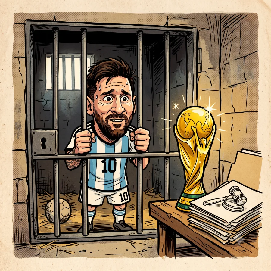 Recreación artística en caricatura del acusado tras las rejas, con la copa y los expedientes